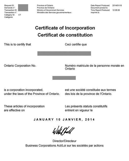 加拿大安大略省有限公司註冊證書樣本