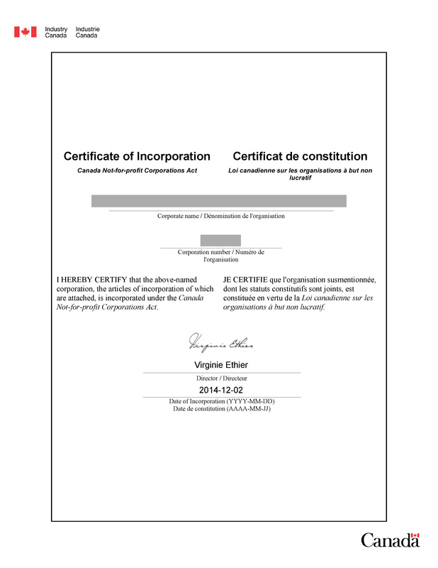 加拿大聯邦非營利組織註冊證書樣本