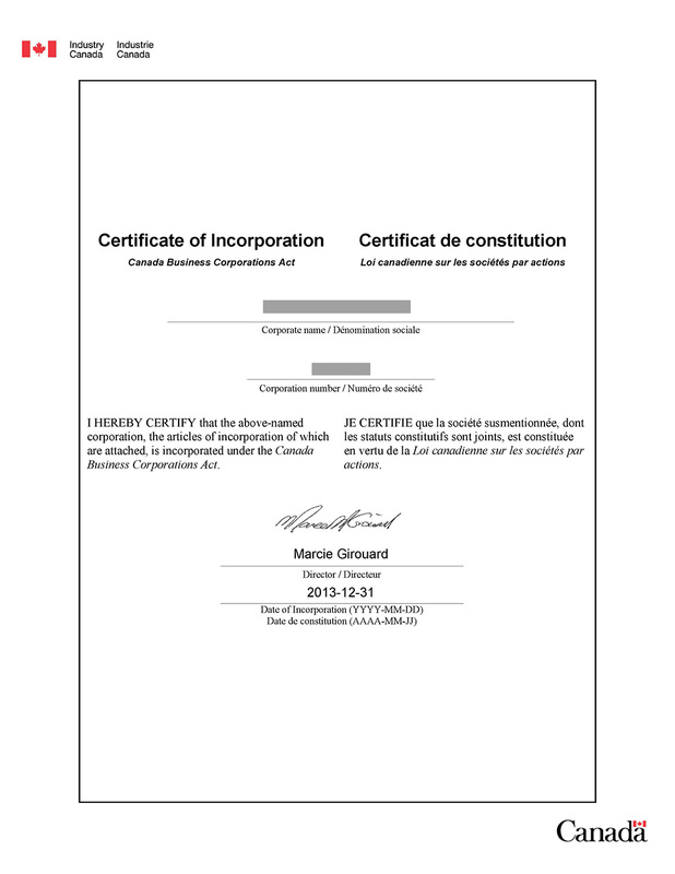 加拿大聯邦有限公司註冊證書樣本